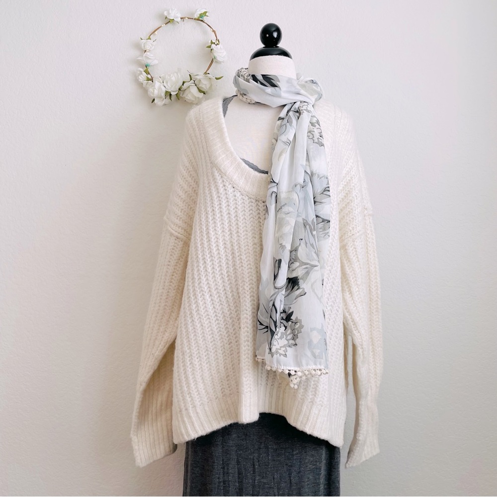 Free People Oversized Low Scoop Neck Ivory Cable Sweater